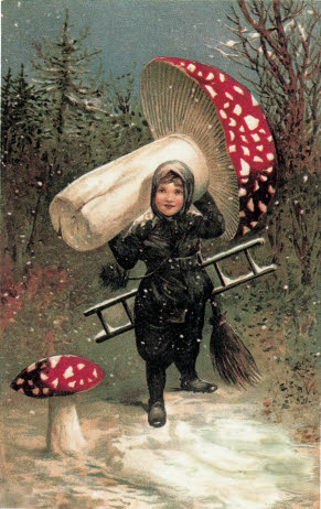 Le miracle du champignon dans la forêt hivernale. Un ramoneur récolte le champignon porte-bonheur pour la Saint Sylvestre et la Nouvelle Année. (Carte postale, 1900)